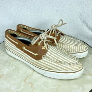 Sperry Loafers Womens 9 Tan White Stripes Classic Seersucker Bahama Boat Shoes